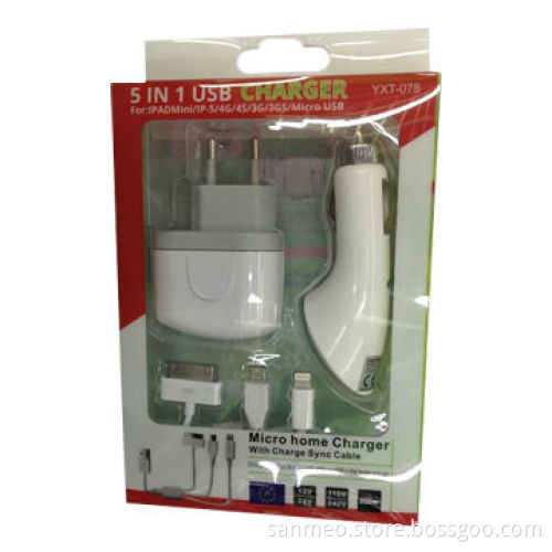 5 in 1 USB micro home charger with charge Sync cable for iPad mini/iPhone 5/4S/4G/3G/3GS/micro USB